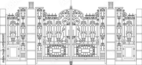 Sketch illustration vector design drawing of old classic vintage European design iron fence gate