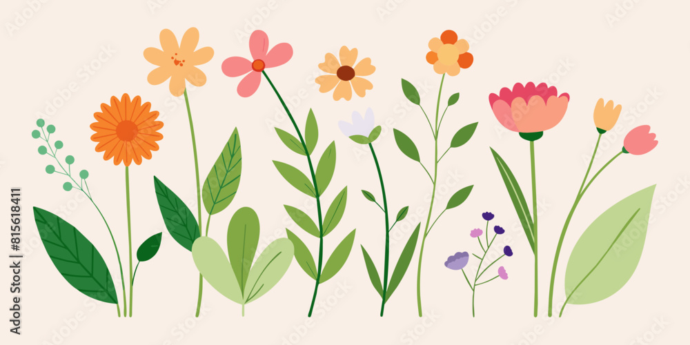 Set Of Floral Design Elements Including Various Flowers And Leaves Set Of Floral Design Elements Including Various Flowers And Leaves