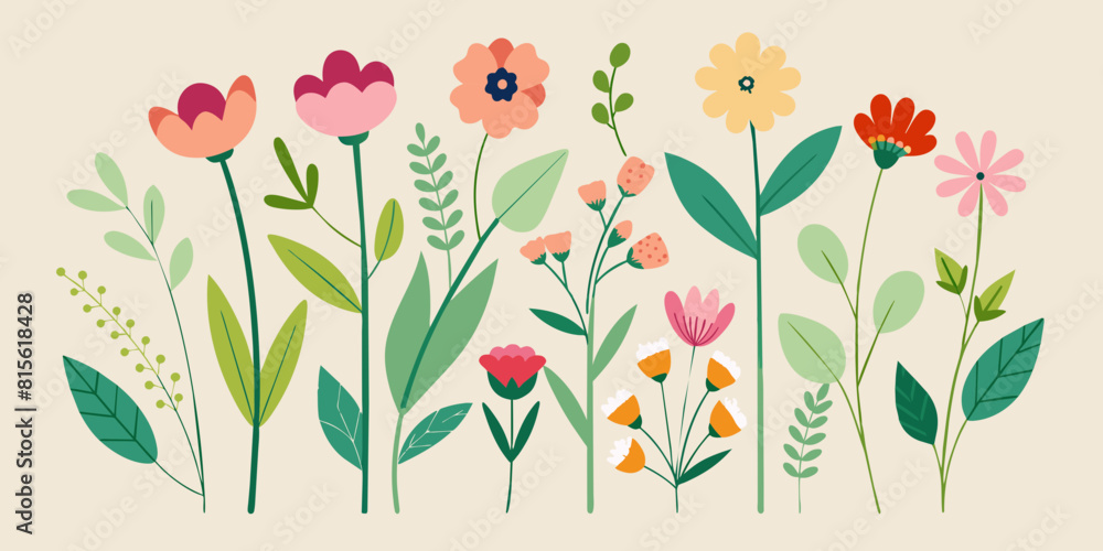 Set Of Floral Design Elements Including Various Flowers And Leaves Set Of Floral Design Elements Including Various Flowers And Leaves