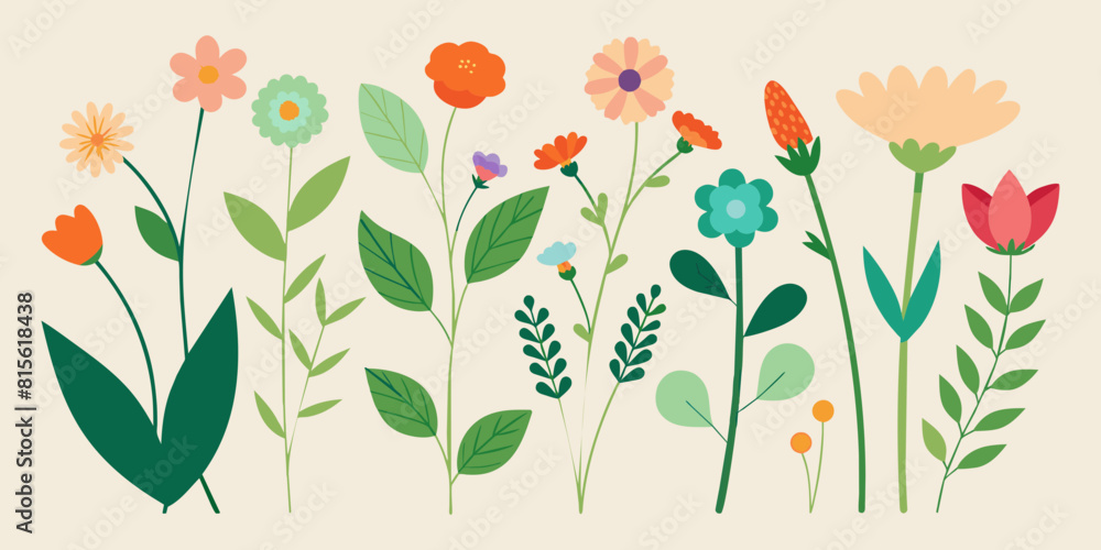 Set Of Floral Design Elements Including Various Flowers And Leaves Set Of Floral Design Elements Including Various Flowers And Leaves