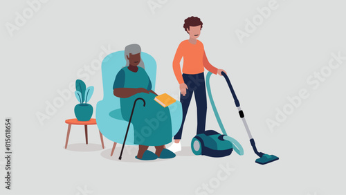 Adobe Illustrator Vektor-Illustration einer pflegebedürftigen älteren Person, die entspannt in einem Sessel sitzt, während eine Krankenschwester das Haus putzt - soziales KonzeptArtwork