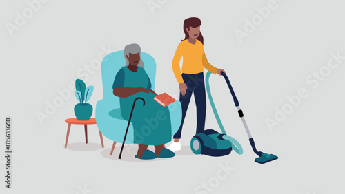 Adobe Illustrator Vektor-Illustration einer pflegebedürftigen älteren Person, die entspannt in einem Sessel sitzt, während eine Krankenschwester das Haus putzt - soziales KonzeptArtwork