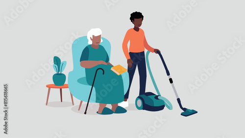 Adobe Illustrator Vektor-Illustration einer pflegebedürftigen älteren Person, die entspannt in einem Sessel sitzt, während eine Krankenschwester das Haus putzt - soziales KonzeptArtwork