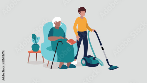 Adobe Illustrator Vektor-Illustration einer pflegebedürftigen älteren Person, die entspannt in einem Sessel sitzt, während eine Krankenschwester das Haus putzt - soziales KonzeptArtwork