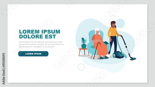 Adobe Illustrator Vektor-Illustration einer pflegebedürftigen älteren Person, die entspannt in einem Sessel sitzt, während eine Krankenschwester das Haus putzt - soziales KonzeptArtwork