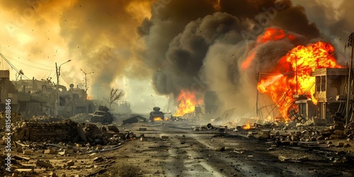 Devastation and Fire Smoke Unleashed by Military Strikes in Wartorn Areas. Concept War photography, Military conflicts, Devastation, Smoke and fires, Wartorn areas photo