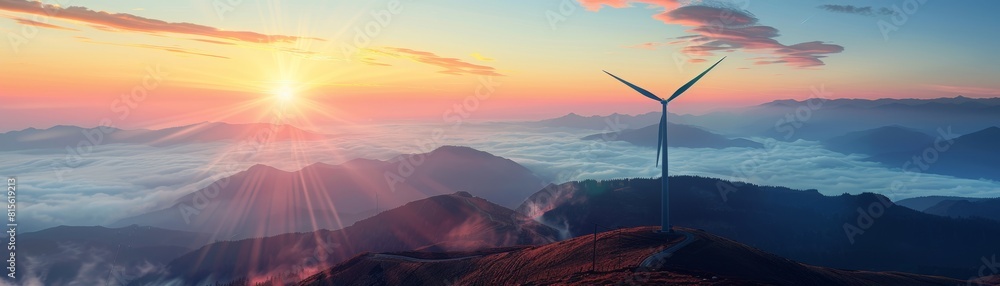 The wind turbine is located on a hill and is surrounded by mountains The wind turbine is located on a hill and is surrounded by mountains