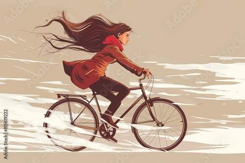 Romantic girl riding bicycle watercolor illustration in flat vector style for prints and decor photo