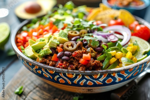 A vibrant taco salad bowl with deconstructed taco ingredients, colorful and fresh