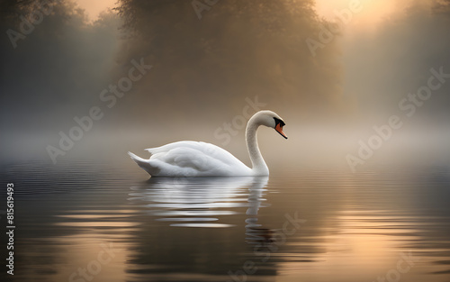 Elegant swan on a misty lake
