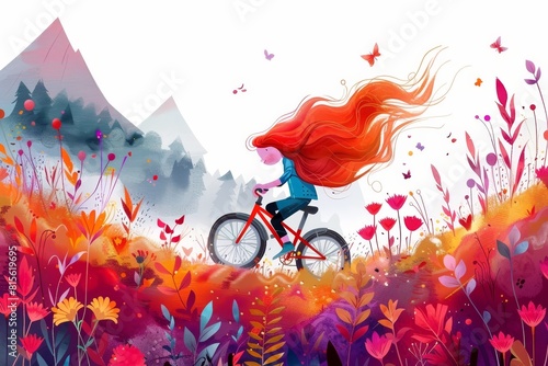 Romantic girl riding bicycle watercolor flat vector illustration in pastel colors photo
