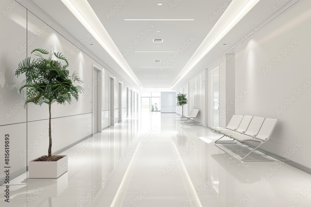 Fototapeta premium Modern Waiting Room. Empty Office Area Mockup in White Hospital Lobby with Poster on the Side