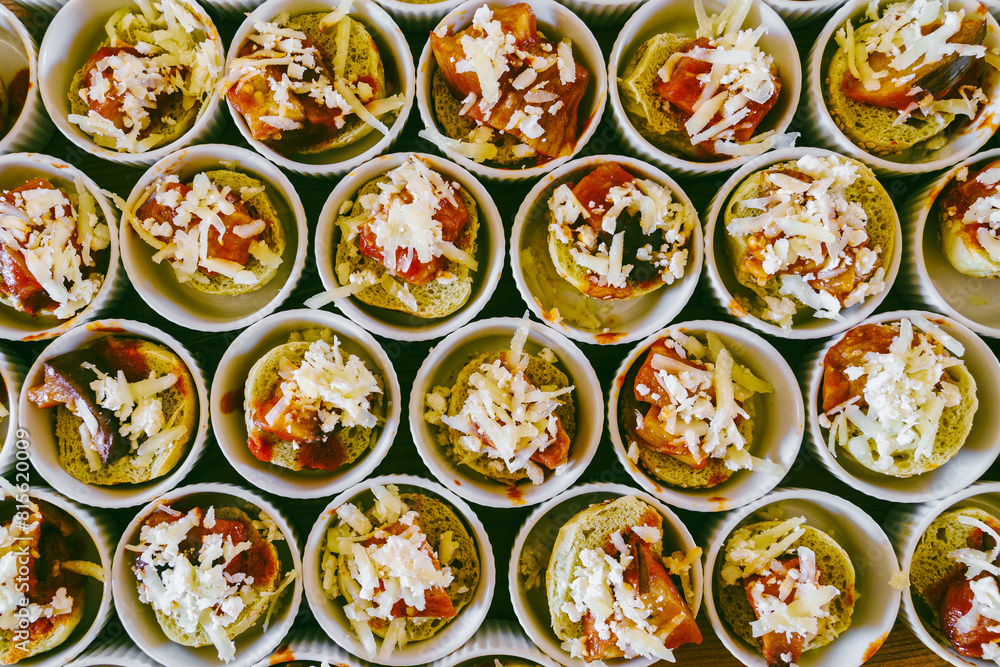Gourmet Appetizers Display - Elegant Canapes in Individual Cups Gourmet Appetizers Display - Elegant Canapes in Individual Cups