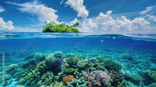 Island Ocean. Tropical Paradise View of Underwater Coral reef with Blue Ocean