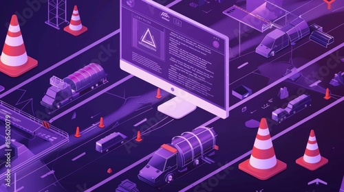 This modern illustration is of a website under construction, maintains, or has an error page. It has a traffic cone and warning road traffic signs. It is purple and ultraviolet, with the word "web"