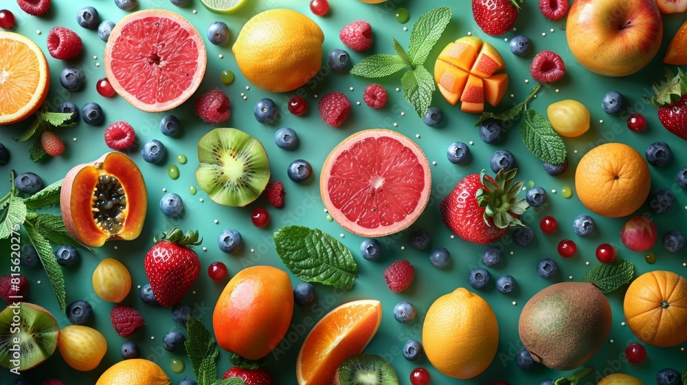 Assorted Fresh Fruits on Green Background with Vibrant Colors Assorted Fresh Fruits on Green Background with Vibrant Colors