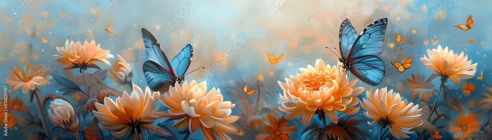 Two blue butterflies are on orange and yellow flowers. The background is blurred light blue. Two blue butterflies are on orange and yellow flowers. The background is blurred light blue.