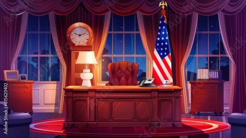 At night, the White House's Oval Office is an empty cartoon with vintage furniture, leather chairs, clocks, USA flags, and lamp lighting desks.