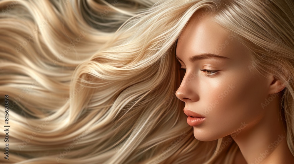 Naklejka premium A portrait of a beautiful woman with long wavy blonde hair.