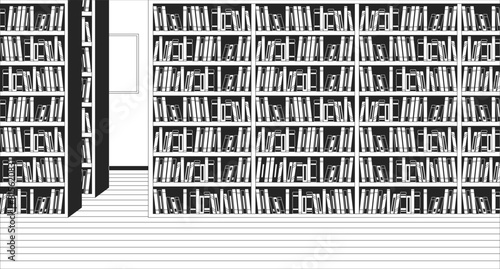 Public library interior black and white line illustration. Bookshelves with various literature in store 2D interior monochrome background. Bookshop with high racks outline scene vector image