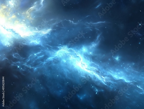 A vibrant illustration of a nebula with interstellar clouds, bright stars, and cosmic energy.