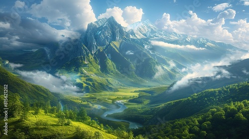 A misty morning landscape unveils snow-capped peaks peeking through clouds in a lush mountain valley