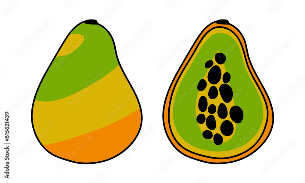 A set of vector illustrations depicting whole and sliced papaya, showing bright colors and detailed contours, is ideal for culinary and educational graphics. Cute illustration with outline and color A set of vector illustrations depicting whole and sliced papaya, showing bright colors and detailed contours, is ideal for culinary and educational graphics. Cute illustration with outline and color