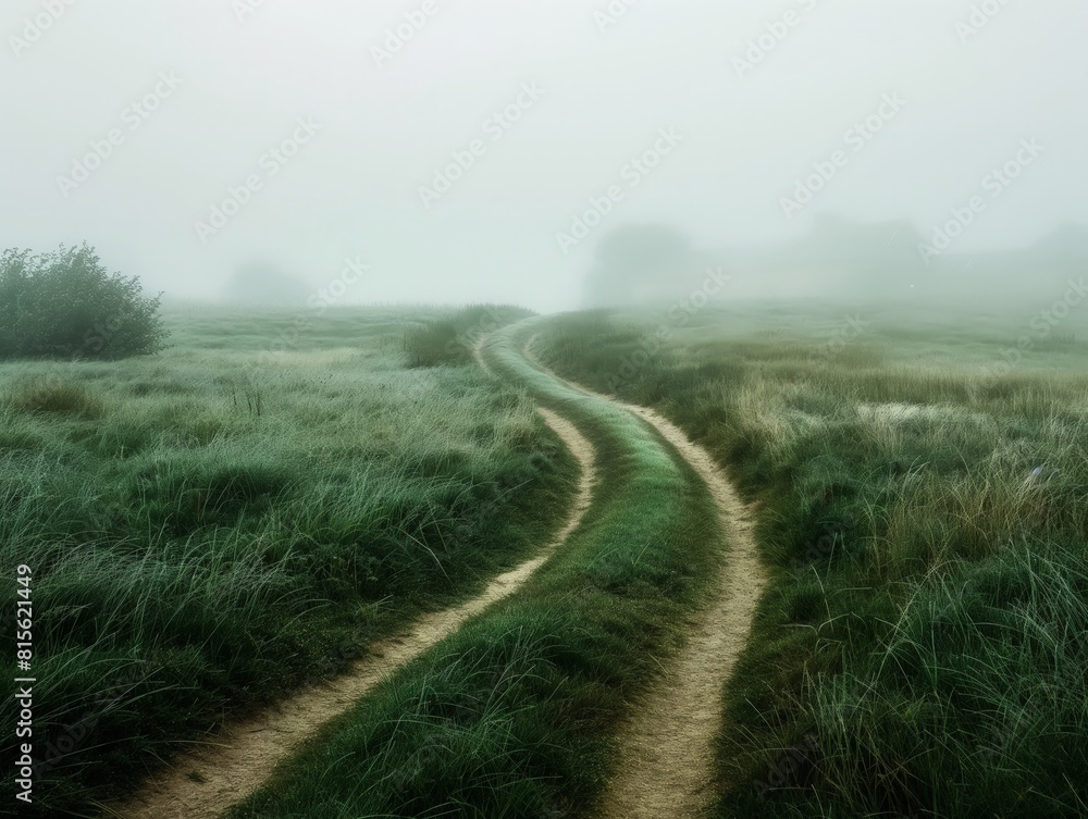 A serpentine trail meanders through a mist-covered meadow, evoking mystery and tranquility.