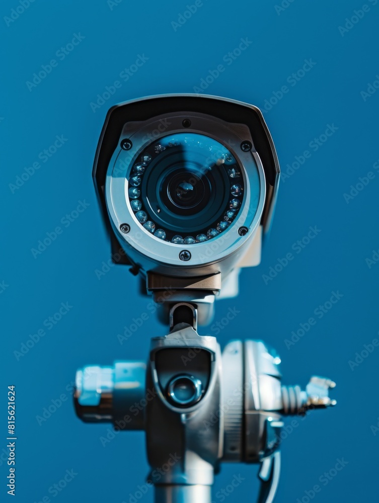 Closeup security camera on a blue wall. Protection and safety. CCTV surveillance camera Closeup security camera on a blue wall. Protection and safety. CCTV surveillance camera