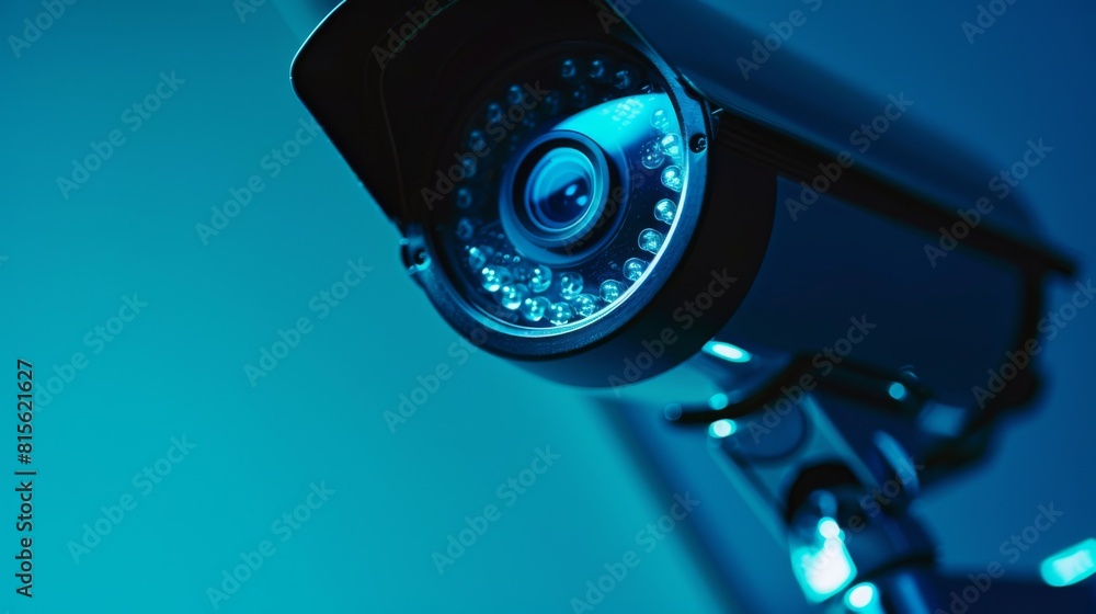 Closeup security camera on a blue wall. Protection and safety. CCTV surveillance camera Closeup security camera on a blue wall. Protection and safety. CCTV surveillance camera