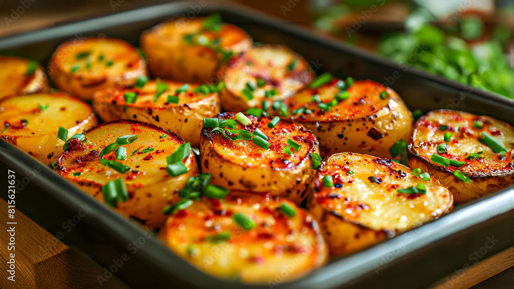 Baked potatoes with cheese and herbs on a baking sheet Baked potatoes with cheese and herbs on a baking sheet