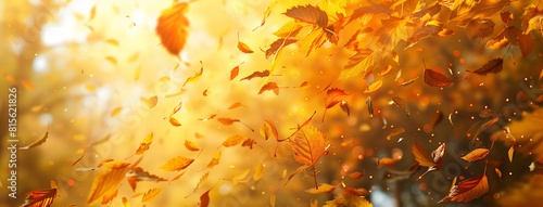 Colorful autumn leaves swirling and moving in the wind among the trees in a forest setting