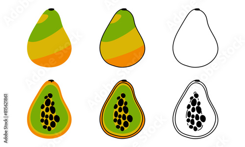 A set of vector illustrations depicting whole and sliced papaya with contour and color, color without contour and only contour, ideal for culinary and educational graphics. Cute linear illustration