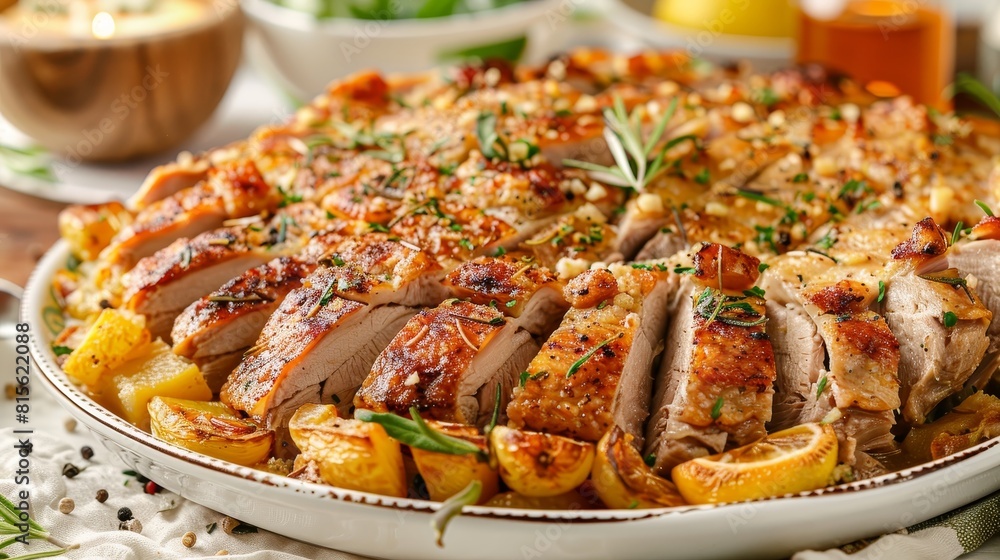 Juicy roast duck slices elegantly presented on a plate, set on a pristine white dining table Juicy roast duck slices elegantly presented on a plate, set on a pristine white dining table
