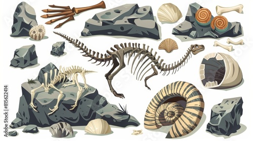 The skeletons and shells of dinosaurs are preserved in fossilized form. This modern cartoon depicts stone sections containing the bones of prehistoric reptiles and ammonites on a white background. photo