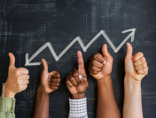 Multi-ethnic hands giving thumbs up in front of a chalkboard with a rising arrow graph symbolizing success and growth.