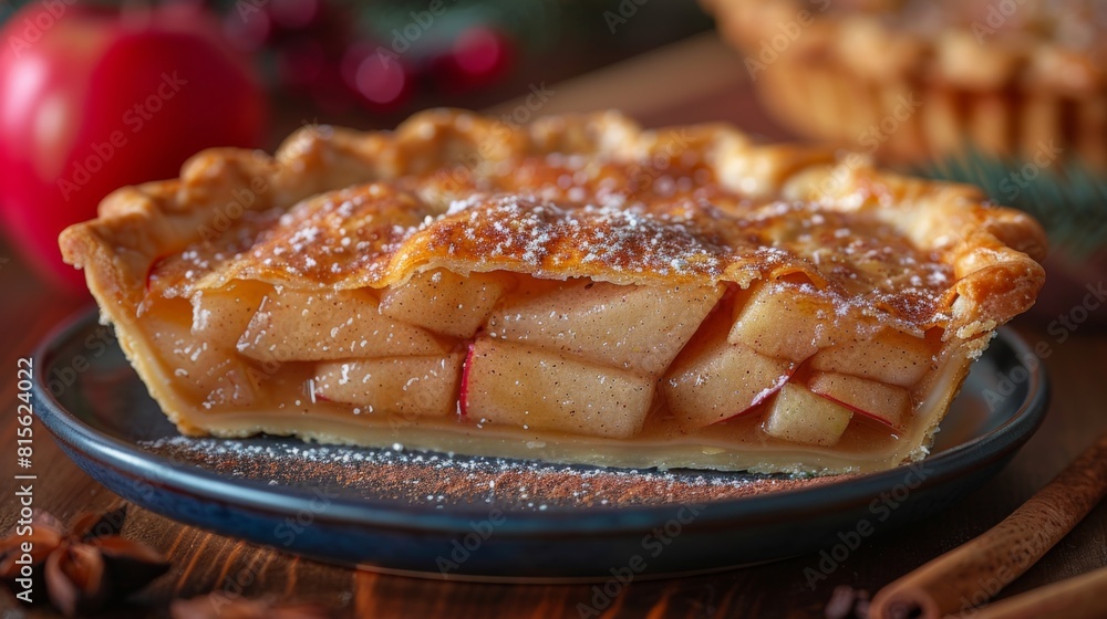 Zoom in on a slice of classic apple pie, showcasing the flaky crust, tender apples, and warm cinnamon spice. Zoom in on a slice of classic apple pie, showcasing the flaky crust, tender apples, and warm cinnamon spice.