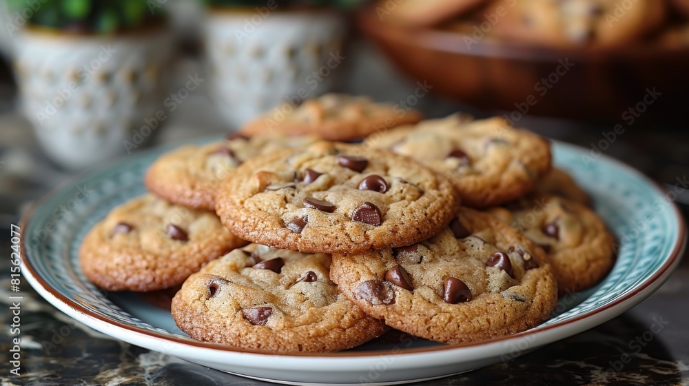 Zoom in on a plate of freshly baked chocolate chip cookies, showcasing their chewy centers, crispy edges, and gooey chocolate Zoom in on a plate of freshly baked chocolate chip cookies, showcasing their chewy centers, crispy edges, and gooey chocolate