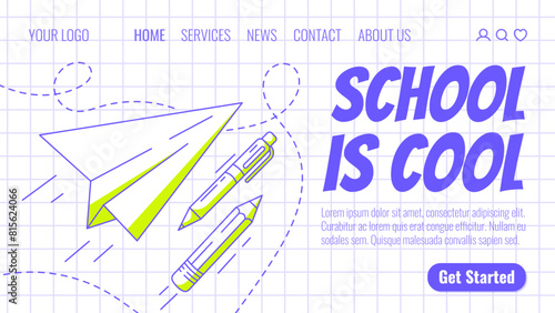 Paper airplane, school supplies, pen and pencil. Back to school, education, learning concept. Vector modern template for web, banner, poster, landing page, website. Checkered background