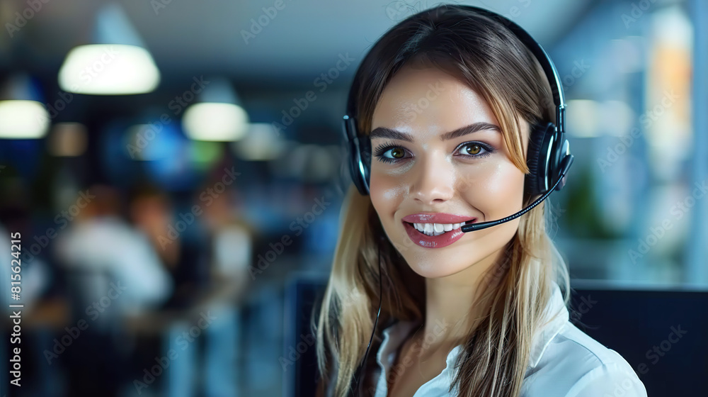Call center, young woman and smile in contact us with CRM, headset with mic and mockup space. Customer service consultant, happy female and telemarketing with sales and help desk Call center, young woman and smile in contact us with CRM, headset with mic and mockup space. Customer service consultant, happy female and telemarketing with sales and help desk