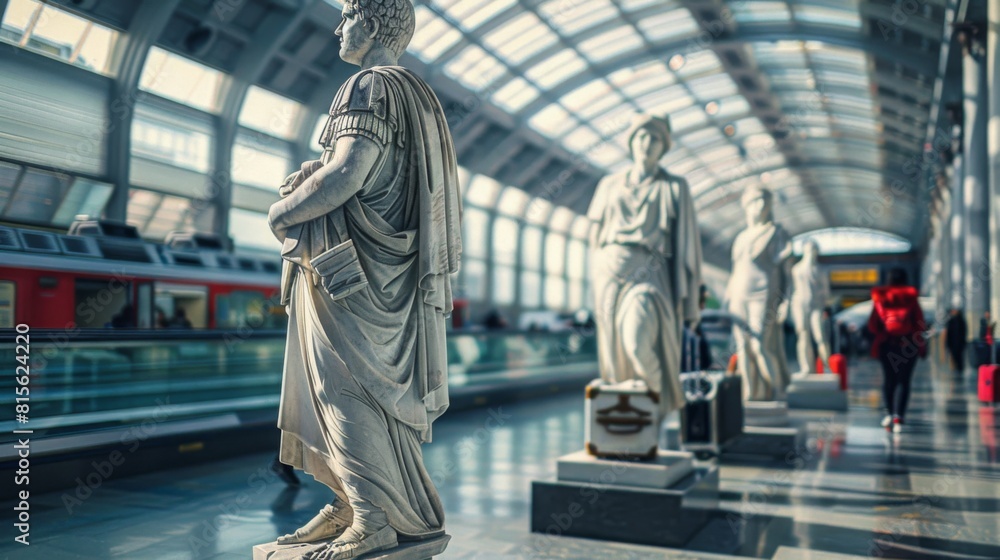 Old statues from ancient Greece and Rome are shown as if they're carrying luggage, like they're travelers at the airport