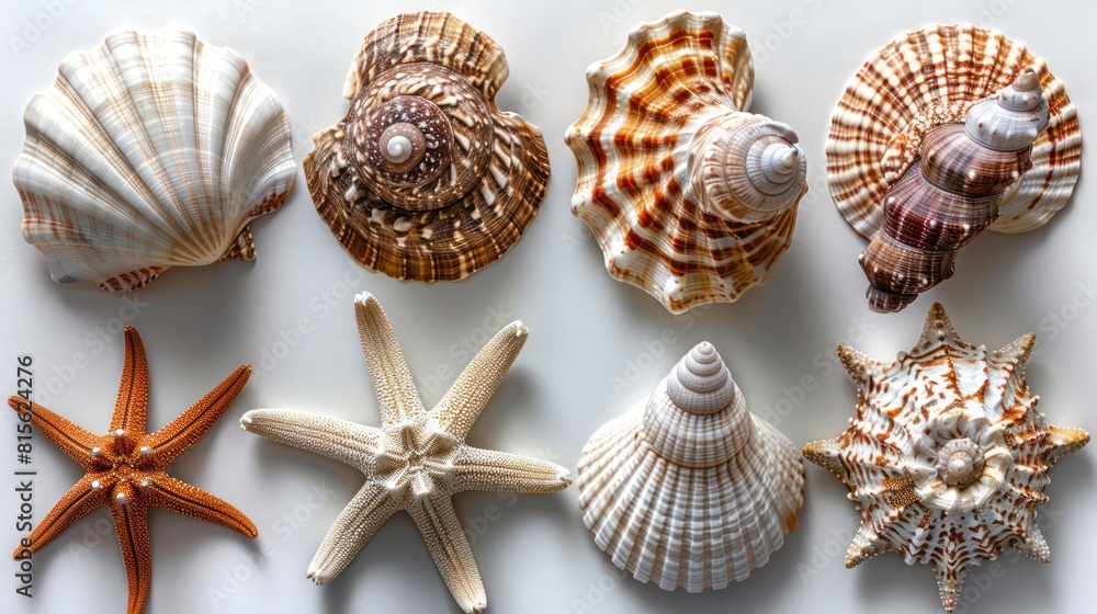 Various shells and starfish Isolated on a white background Suitable for beach and summer themed designs. Various shells and starfish Isolated on a white background Suitable for beach and summer themed designs.