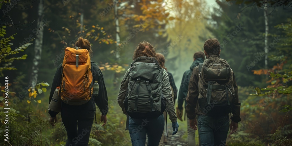 nature adventures - group of friends walking in forest with backpacks illustration nature adventures - group of friends walking in forest with backpacks illustration
