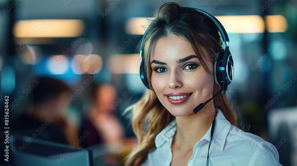 Call center, young woman and smile in contact us with CRM, headset with mic and mockup space. Customer service consultant, happy female and telemarketing with sales and help desk Call center, young woman and smile in contact us with CRM, headset with mic and mockup space. Customer service consultant, happy female and telemarketing with sales and help desk