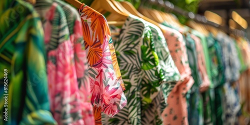 fashion women's summer clothing , pink green tropical fabric beach casual dresses hanging in a row on a in shopping center,season moda illustration