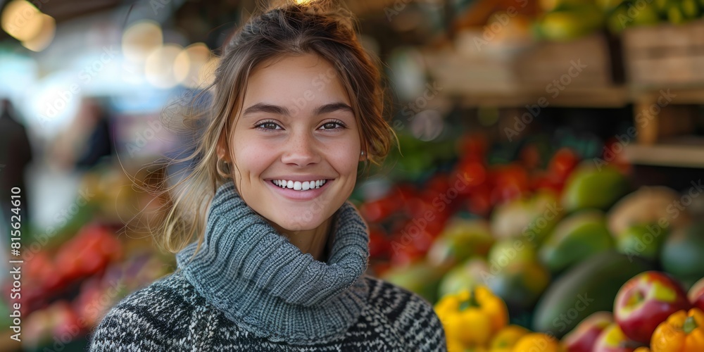 Medium shot portrait photography of a cheerful woman in her 30s that is wearing a cozy sweater against a vibrant and lively farmer's market with seasonal produce background . illustration Medium shot portrait photography of a cheerful woman in her 30s that is wearing a cozy sweater against a vibrant and lively farmer's market with seasonal produce background . illustration