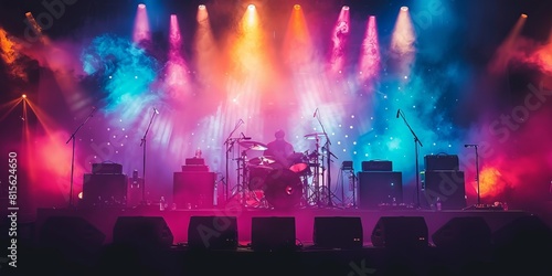 concert stage on rock festival  music instruments silhouettes  colorful background with copy space illustration