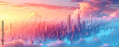 A futuristic cityscape where skyscrapers stretch into the clouds, their sleek surfaces gleaming in the sunlight. illustration.