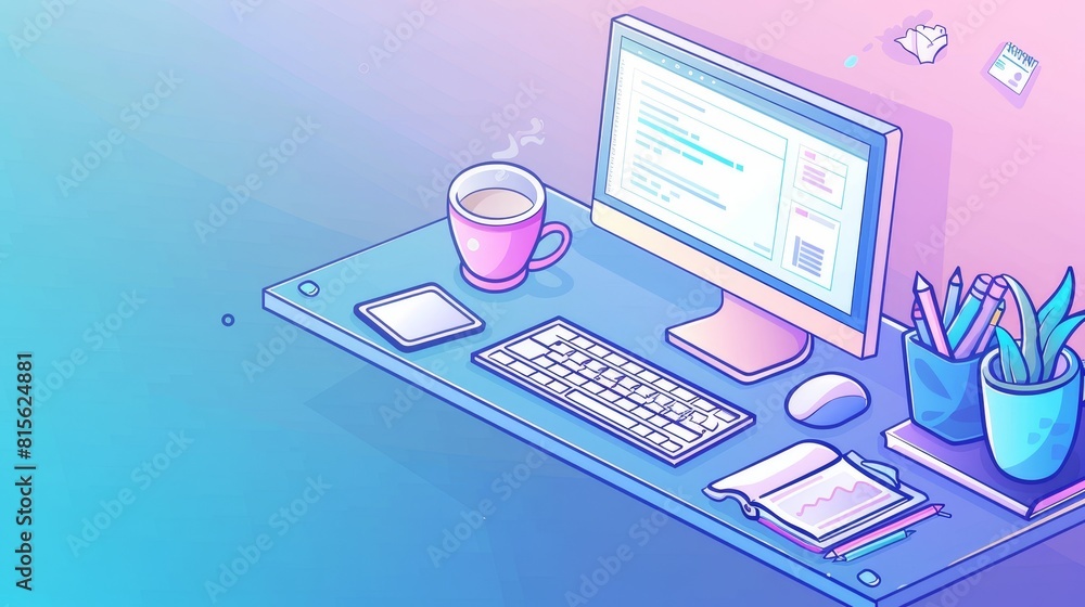 An isometric landing page for a freelancer's office from home, a table with a monitor with coding data on it, coffee and stationery on a desk, a 3D modern line art web banner in the style of a 3D An isometric landing page for a freelancer's office from home, a table with a monitor with coding data on it, coffee and stationery on a desk, a 3D modern line art web banner in the style of a 3D