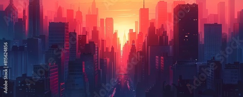 A dystopian cityscape consumed by darkness  where towering skyscrapers cast long shadows over the desolate streets below.   illustration.